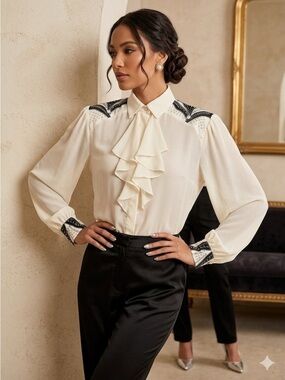 Ruffled Front Long Sleeve Blouse with Dress Collar and beading detail